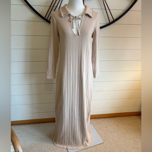 FREE PEOPLE Boho Lazy Days Body-con Maxi Dress in Creamy Cotton Spandex Rib Knit - Picture 4 of 13